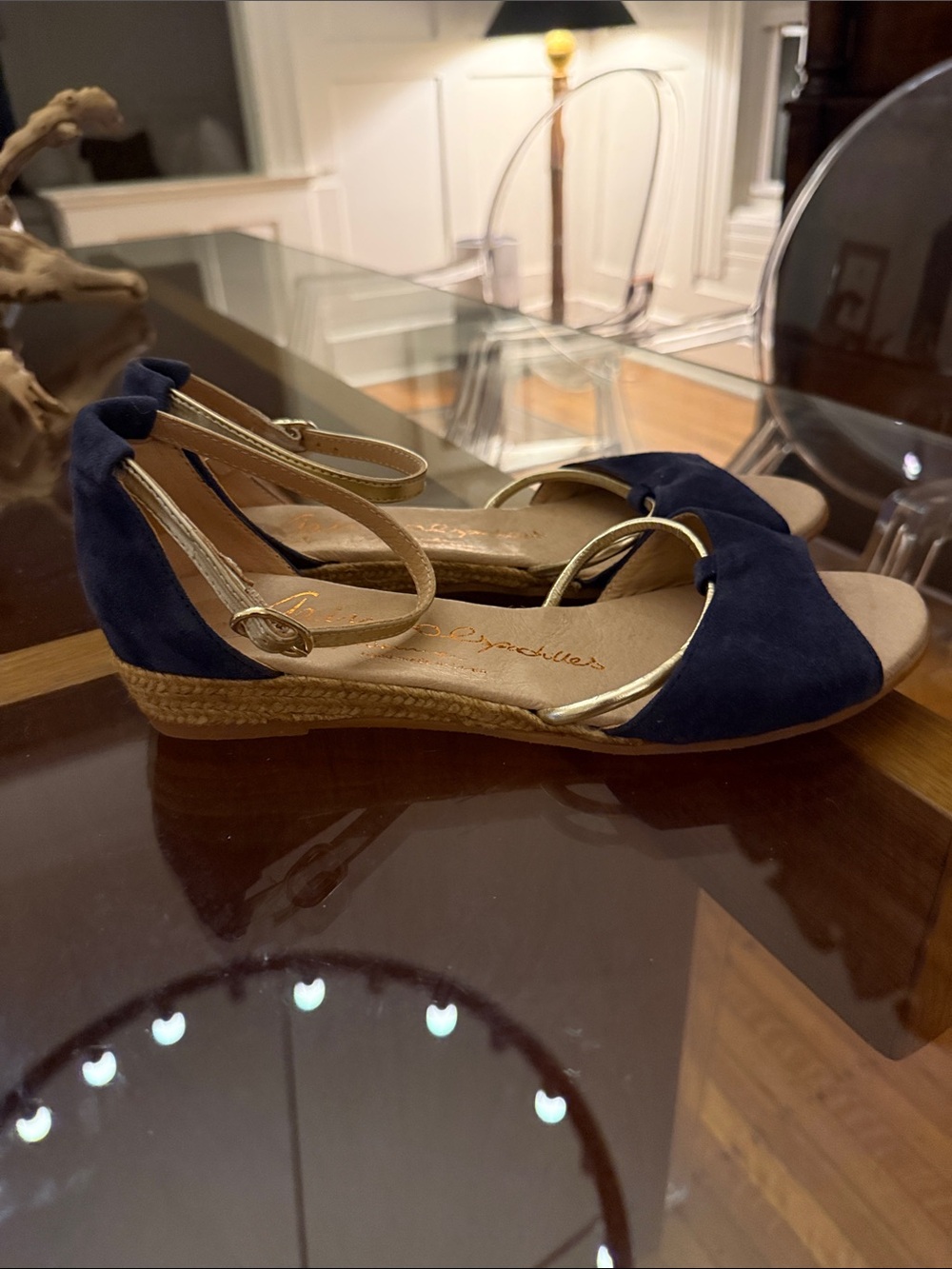 Navy Suede Open-Toe Slingback Sandals with Gold Trim